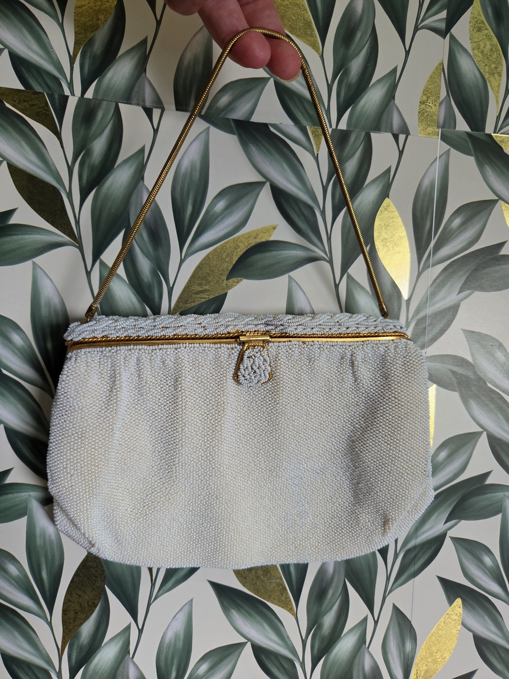 Vintage Dofan Made in France White Beaded Evening Purse Gold Chain 7x5.5"